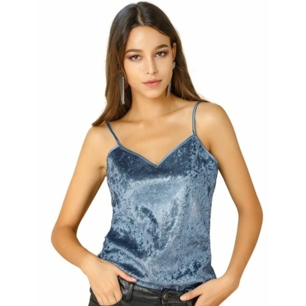 Allegra K Glitter Exotic Faux Snake Print Spaghetti Cami Tank Top Medium Blue
